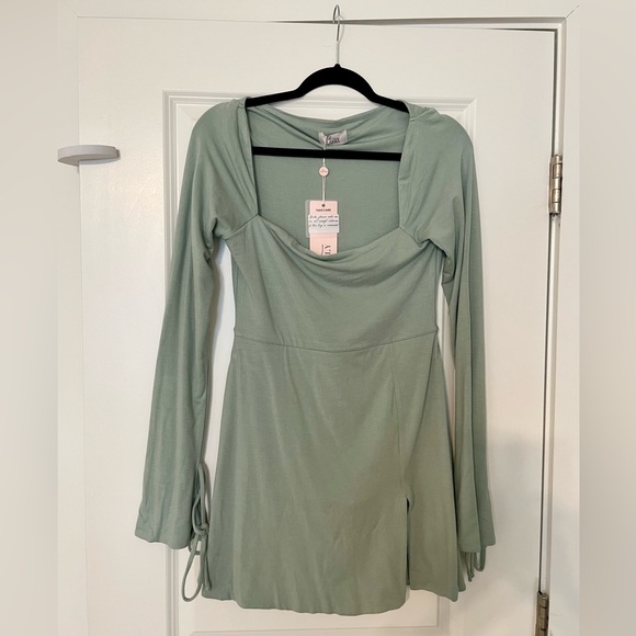Square Neck Long Sleeve Mini Dress in Sage - Picture 3 of 5